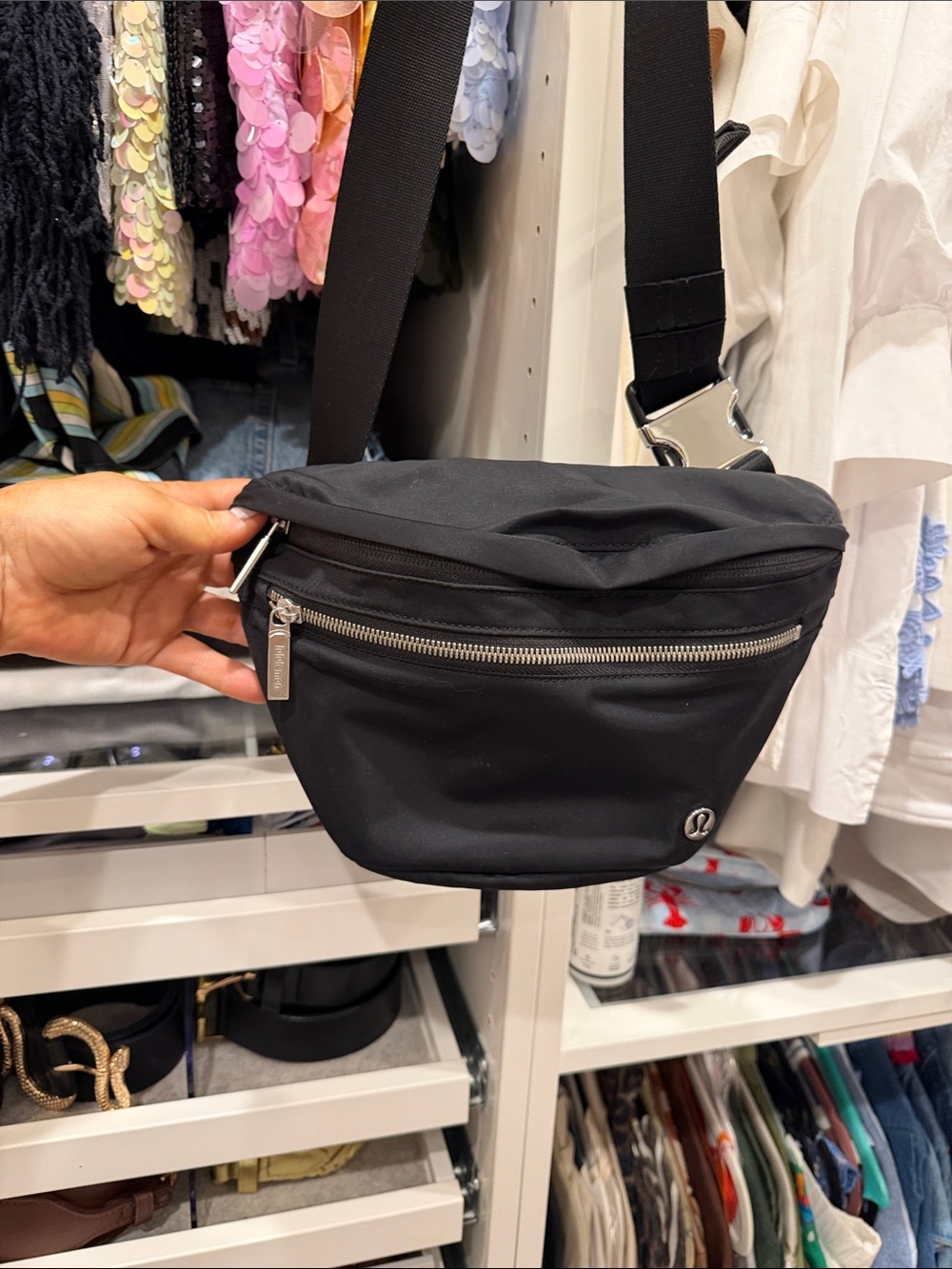 lululemon athletica Black Waist Pack with Silver Zipper never used